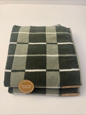 2pc COMMON THREAD 100% Zero Twist Cotton Checkered Bath Towel Set -Thyme/Dese